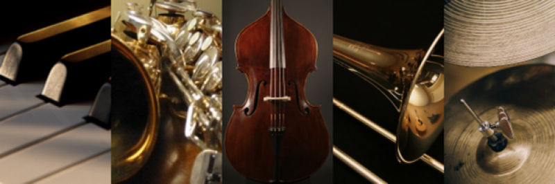 Collage of instruments: piano, sax, bass, trombone, cymbal
