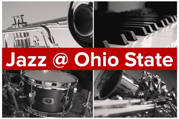 Jazz at Ohio State collage with trumpet, piano, percussion, sax