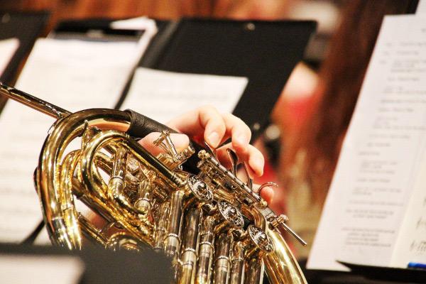 Horn player performing at ensemble concert